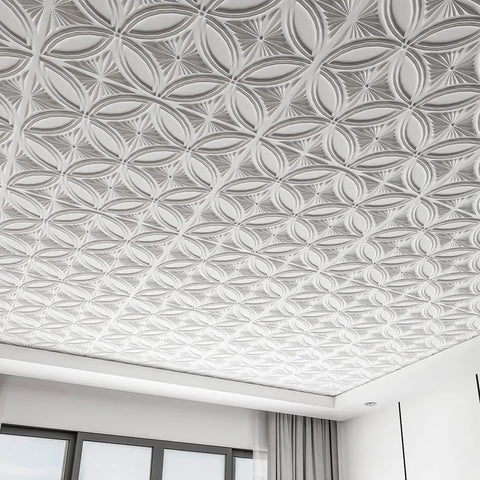 Decorative PVC Drop Ceiling Tile White 2x2 Ft Glue Up Ceiling Panel 24x24 Inches Pack of 12 Easy Install Over Substrates