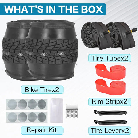 Foldable Bike Tire Set With Tubes, Levers, Rim Strips And Repair Kit For 20, 24, And 26 Inch Bikes, contents displayed