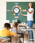 Teacher using Boho Rainbow Clock Numbers Bulletin Board Kit with 16 telling time labels for kids in math classroom decor.