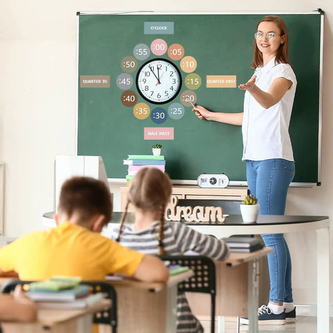 Teacher using Boho Rainbow Clock Numbers Bulletin Board Kit with 16 telling time labels for kids in math classroom decor.