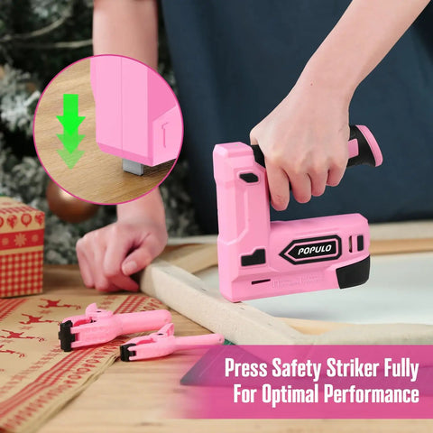 Person using Pink Cordless 4V Electric Staple Gun 2 In 1 Stapler And Brad Nailer USB C Rechargeable for upholstery project