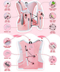 Front and back view of Kids Hydration Backpack With 1L Water Bladder On The Go Adjustable Reflective Running Vest Pink XS S with pockets and straps.