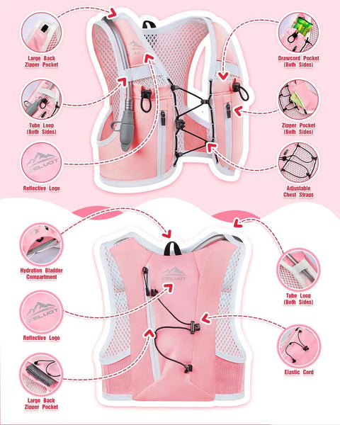 Front and back view of Kids Hydration Backpack With 1L Water Bladder On The Go Adjustable Reflective Running Vest Pink XS S with pockets and straps.