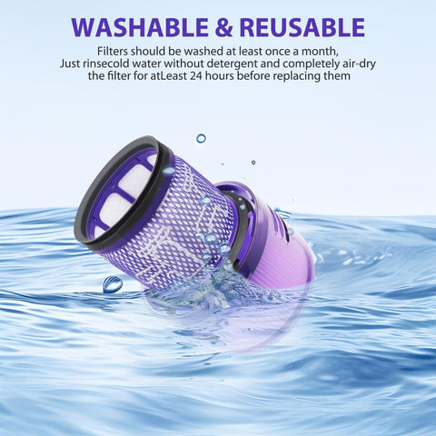 Three Pack Replacement Vacuum Filters For Dyson V11 And V15 Series submerged in water showcasing washability and reusability.