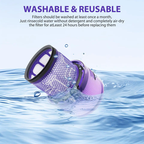 4 Pack V11 Vacuum Filter Replacements For Dyson V11 Animal Torque Drive in water, showing washable and reusable feature.