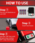 Automatic portable fuel transfer pump; battery/USB powered with AA batteries, dual hoses, and an on/off switch.