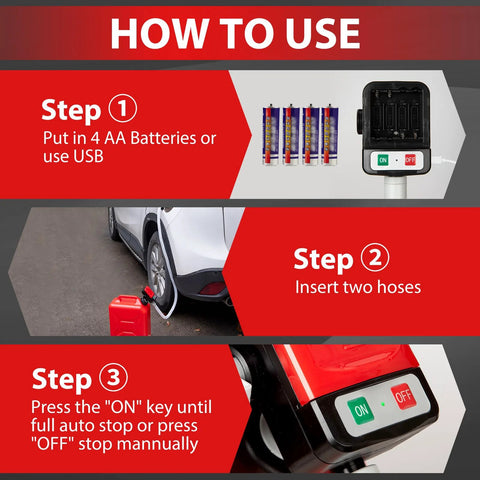 Automatic portable fuel transfer pump; battery/USB powered with AA batteries, dual hoses, and an on/off switch.