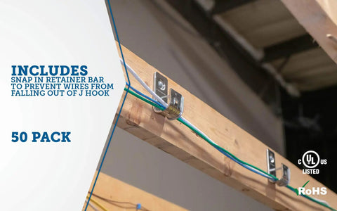 1-5/16 Inch J Hook With Removable Angle Bracket For Ceiling Mounts In Zinc Plated Steel Holds Up To 40 Cat 5e Cables