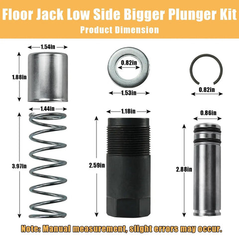 Dimensions of 3 Ton Hydraulic Floor Jack Dual Pump Piston Plunger Kit parts, including bigger low side plunger and spring.