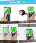TusaMer Stud Finder Wall Scanner showing LCD display instructions on use, compact design for detecting wood, metal, and AC wires.