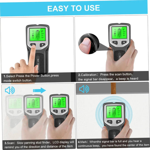 TusaMer Stud Finder Wall Scanner showing LCD display instructions on use, compact design for detecting wood, metal, and AC wires.