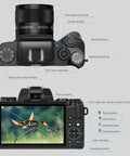 Diagram of 4K Digital Camera For Photography And Video, 64MP Pro Grade High Resolution Stills, WiFi Vlogging Camera, top and rear view.