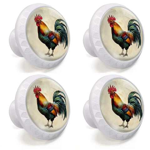 Set Of Four Retro Country Rooster Cabinet Knobs For Kitchen And Bathroom Rustic Farmhouse Style Hardware With Painterly Rooster In Rich Red Green Gold And Blue On Beige Background
