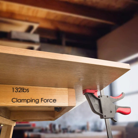 Universal Track Saw Clamp Set With Quick Release securing wooden table with 132 lbs clamping force in workshop setting