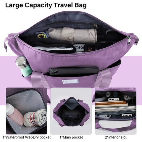 Front view of lavender rolling duffel bag with wheels, partially unzipped to show interior pockets.