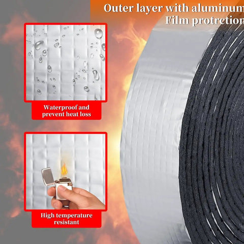 Close-up of Outdoor Pipe Insulation Wrap Two Inch By Thirty Two Point Eight Feet With Foam And Foil Self Adhesive Tape