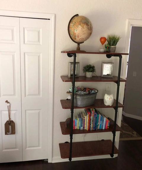 Industrial Pipe Shelving Kit 55 Inch Tall 5 Tier DIY Wall Mounted Iron Pipe Bracket System Matte Black Heavy Duty Shelving in living room