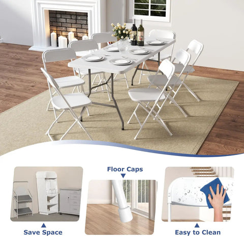 Dining setup with White Plastic Folding Chairs 2 Pack For Indoor And Outdoor Use 350 Pound Capacity Lightweight Portable Event Seating