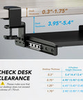 Under Desk Keyboard Tray Pull Out With Sturdy Adjustable C Clamp Mount System 32.5 Inch Clamp Span 27.3 Inch Platform By 11 Inch Slide Out For Typing Space Saver Black showing clamp mount and desk clearance chart
