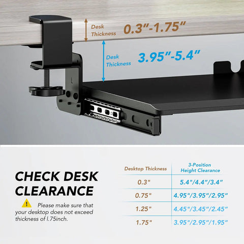 Under Desk Keyboard Tray Pull Out With Sturdy Adjustable C Clamp Mount System 32.5 Inch Clamp Span 27.3 Inch Platform By 11 Inch Slide Out For Typing Space Saver Black showing clamp mount and desk clearance chart