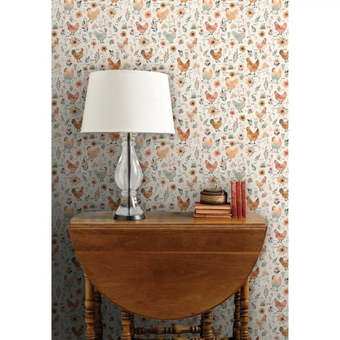 Top Tier Matte Wallpaper Featuring Pastel Hen Pattern And Subtle Linen Texture heavy duty PVC free wallcovering in a living room setting.