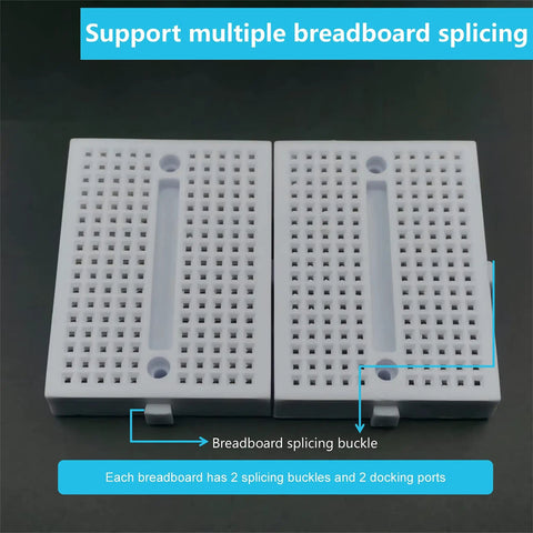 Six Pack Mini Breadboard Kit White With 170 Tie Points No Soldering Needed shown with splicing buckles on black background.