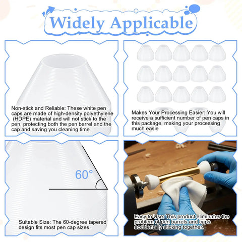 Infographic of 20 Pack White Nonstick Pen Bushings for Woodturning, showing details of material, size, and usage.