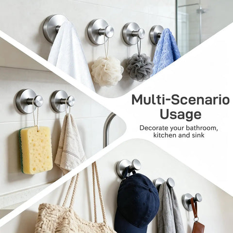Heavy Duty Black Suction Cup Hooks Two Pack No Drill Bathroom Wall Adhesive Rack For Towels Robes And Fitness Gear Featuring Hella Strong Silicone Base That Snags Tight On Glass Or Tile With Zero Hassle, displaying bath accessories.