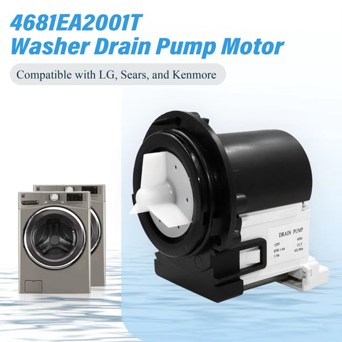 Washer drain pump motor 4681EA2001T with black housing and white impeller, shown beside two front-loading washers.