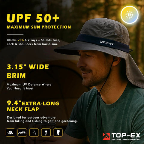 Cooling Sun Hat With Neck Flap For Men And Women, breathable wide brim, UV protection, instant cooling tech, khaki M/L