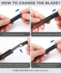 WORKPRO retractable utility knife with red and black aluminum handle; four-step blade change tutorial panels.