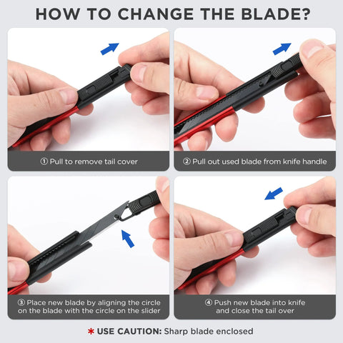 WORKPRO retractable utility knife with red and black aluminum handle; four-step blade change tutorial panels.