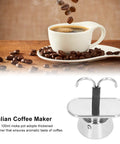 Straight Up Barista Quality 100 Ml Stainless Steel Moka Pot Espresso Maker next to steaming coffee and beans.
