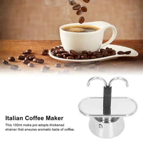 Straight Up Barista Quality 100 Ml Stainless Steel Moka Pot Espresso Maker next to steaming coffee and beans.