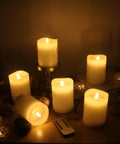 Six Count Real White Wax Flameless LED Pillar Candles 3 By 4 Inches With Remote And Timer Dimmable Flicker Battery Powered