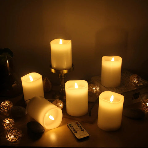 Six Count Real White Wax Flameless LED Pillar Candles 3 By 4 Inches With Remote And Timer Dimmable Flicker Battery Powered