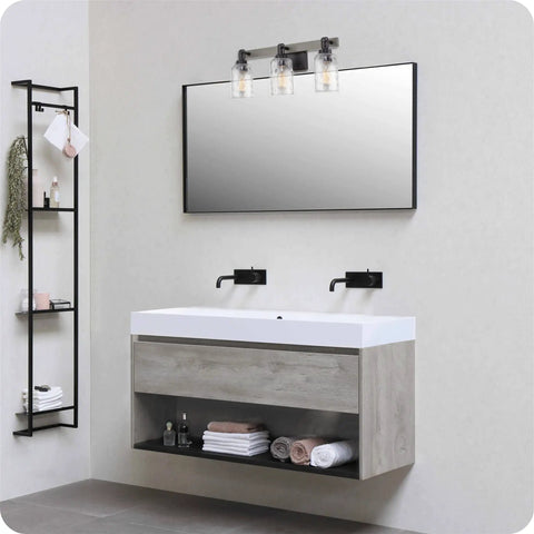 Ashland 24 Inch 3 Light Farmhouse Vanity Light With Hammered Glass Shades In Gray Oak Finish Dope Modern Industrial Bath