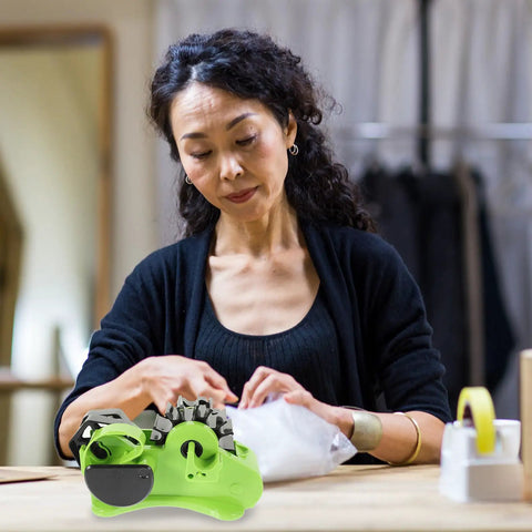 Woman using ProLevel Semi Automatic Heat Transfer Tape Dispenser Multi Roll Packing Stand With Precision AutoCut Blade for packaging.