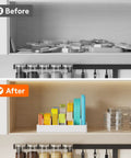 Before and after view of a kitchen cabinet lid organizer with 6 adjustable dividers and 7 sections holding lids, bowls, and containers.