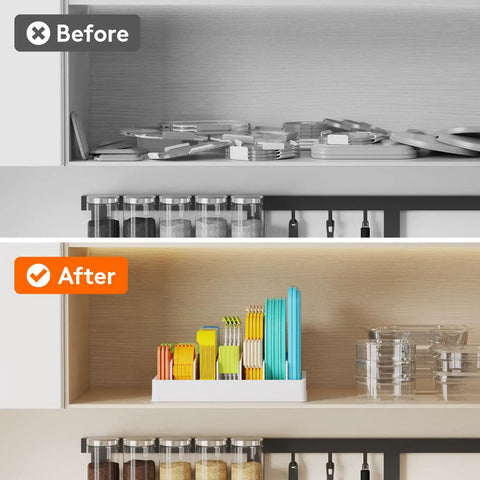 Before and after view of a kitchen cabinet lid organizer with 6 adjustable dividers and 7 sections holding lids, bowls, and containers.