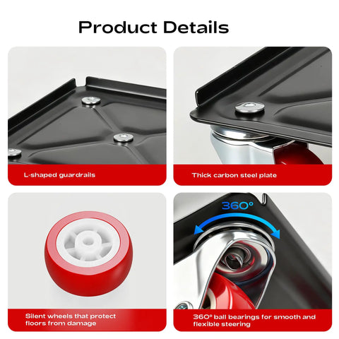 Product details of Heavy Duty Furniture Dolly With 5 Wheels For Easy Moving Of Heavy Furniture In Home Or Office, highlighting L-shaped guardrails, thick carbon steel plate, silent wheels, and 360° ball bearings.