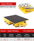 Heavy Duty Swivel Machinery Moving Skates Featuring Smooth Rollin Pu Or Tough Steel Wheels For No Sweat Heavy Equipment Haulin And Killer Floor Grip On Any Surface, showing steel wheels and dimensions.