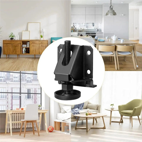 Heavy Duty Adjustable Table Leg Levelers Set Of 4 For Workbenches Desks And Cabinets With Rotating Height Screw Adjustment And Wide Base To Prevent Scratches And Slips On Uneven Floors, black steel leveler