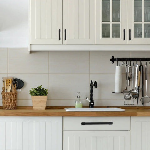 Two Pack Matte Black Cabinet Pulls With 12.6 Inch 320mm Hole Centers on kitchen cabinets, modern hardware upgrade