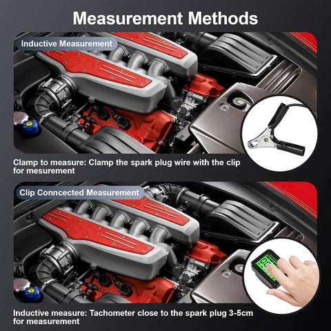 Digital Tachometer With RPM Alarm And Hour Meter, showing measurement methods on a small engine using clips and induction.