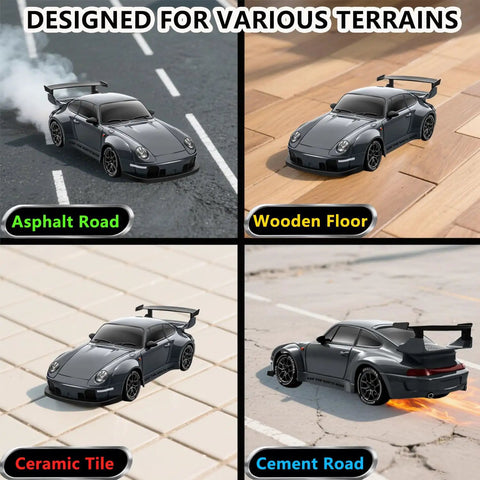 1:24 Scale RC Drift Car With 4WD And LED Lights Realistic Night Drifts on various surfaces asphalt, wood, tile, cement
