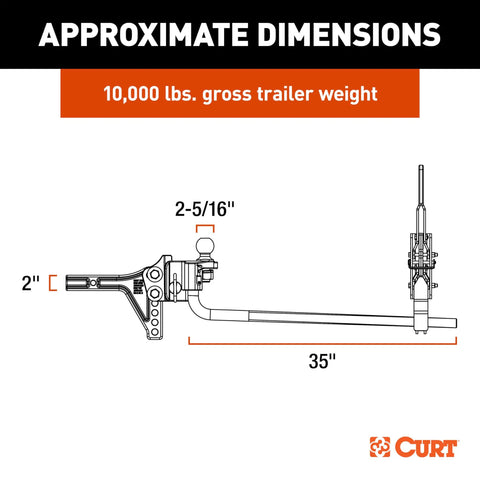 Diagram of trailer mounted weight distribution hitch with sway control and quick connect, showing 10,000 lbs capacity dimensions.