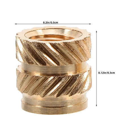 Close-up of a Premium 48Pcs Brass M4 Heat Set Threaded Inserts For 3D Printing With Knurled Design showing detailed grooves.