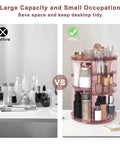 Before and after of Eight Height Adjustable Spinning Makeup Organizer With 360 Degree Spin Cosmetic Display Carousel for vanity.