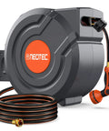 Beefed Up Heavy Duty Wall Mount Retractable Garden Hose Reel With Ninety Foot Reach Five Eighth Inch Hose Auto Slow Return Nine Sprayer Nozzles